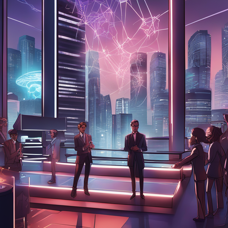 A hand-drawn digital illustration, Artstation HQ, envisioning the tangled web of ethical dilemmas and futuristic possibilities within VR, blending futuristic cityscapes with moral quandaries and digital ethics icons. Visualize a harmonious yet complex interplay of human figures, ethical symbols, and VR hardware amidst a skyline of innovation, perfect for sparking debate in a cutting-edge tech ethics feature.