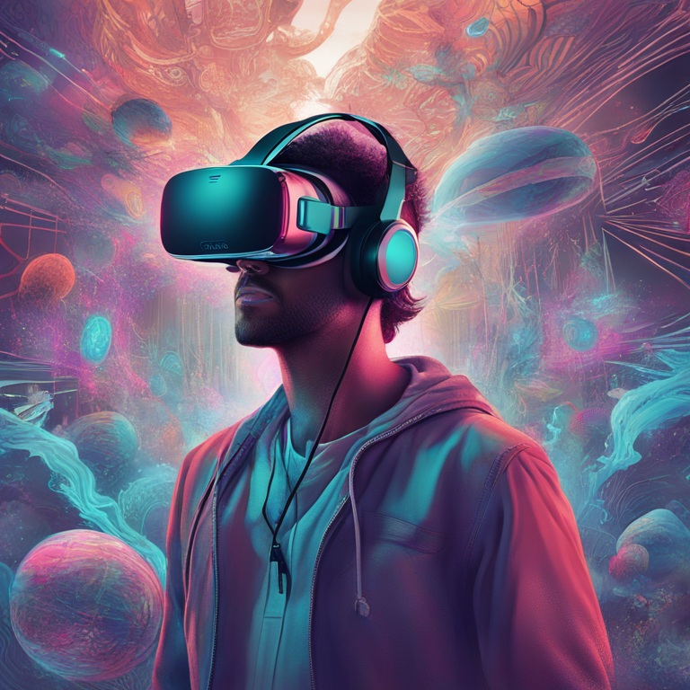 A dynamic, hand-drawn digital illustration, Artstation HQ, encapsulating the essence of Virtual Reality's psychological impacts. Visualize a juxtaposition of human consciousness with digital avatars, embodying the fusion of reality and virtuality. The artwork, rich in symbolic imagery like neural networks intertwined with digital landscapes, mirrors the profound psychological depths explored in VR. Its surreal beauty, crafted for an insightful conclusion in a pioneering tech magazine, invites viewers to contemplate the delicate balance between virtual experiences and human cognition, emotion, and behavior, digital art