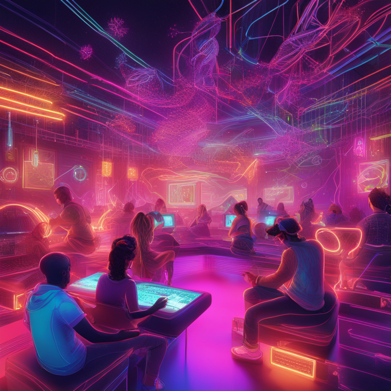 An imaginative, hand-drawn digital illustration, Artstation HQ, encapsulating the dynamic and often complex social interactions within virtual reality platforms. The visual represents a diverse group of avatars, each distinct yet interconnected through neon-lit, digital threads symbolizing the formation of relationships and communities in the virtual space. This thought-provoking image, infused with vibrant colors and abstract motifs, reflects the intricate dance of social connectivity in VR, making it an essential visual for discussions on digital socialization in a top-tier tech-focused magazine.