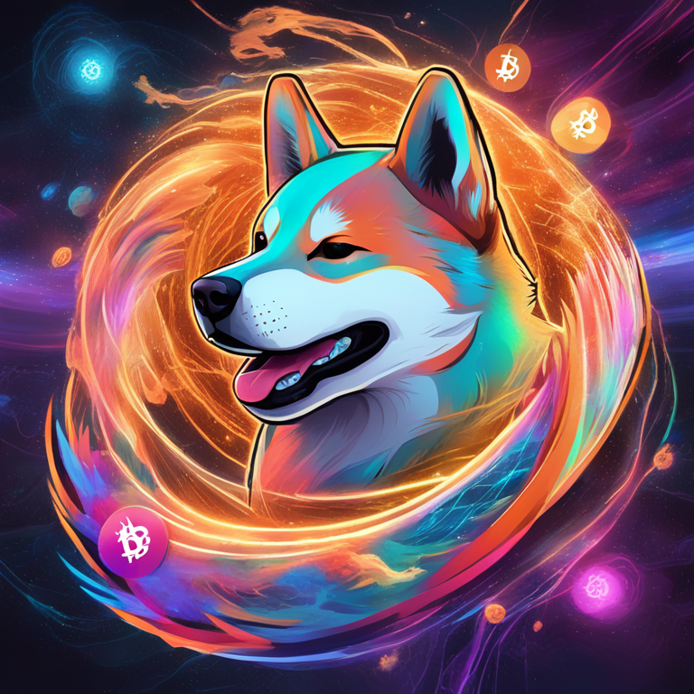 A whirlwind of colors entwining Shiba Inu and Bitcoin symbols, capturing the electrifying potential of cryptocurrencies post-halving event. Picture teems with dynamic, swirling hues, suggesting a meteoric rise against a digital cosmos backdrop, reflecting Artstation's pinnacle of digital artistry, hand-drawn illustration in vibrant, trending digital art style.