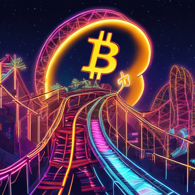 a vivid, hand-drawn digital illustration of Bitcoin’s dramatic plunge, featuring a roller coaster in the shape of a BTC symbol against a night sky, neon lights radiating from altcoins in the background, art trending on Artstation HQ, digital art by futuristic cityscape maestros, visualizing the crypto market's volatility, glossy finish with vibrant neon colors.