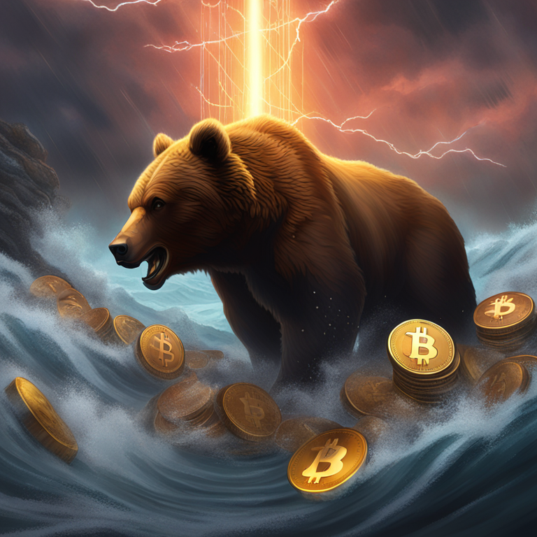 an electrifying digital painting depicting the volatile essence of the cryptocurrency market, with a bear and a bull engaged in a monumental showdown amidst a storm of falling digital coins, art by Greg Rutkowski and Karla Ortiz, digital art, the epitome of market uncertainty, trending on Artstation, deep, dramatic hues enveloping the scene, a visual feast for the eyes