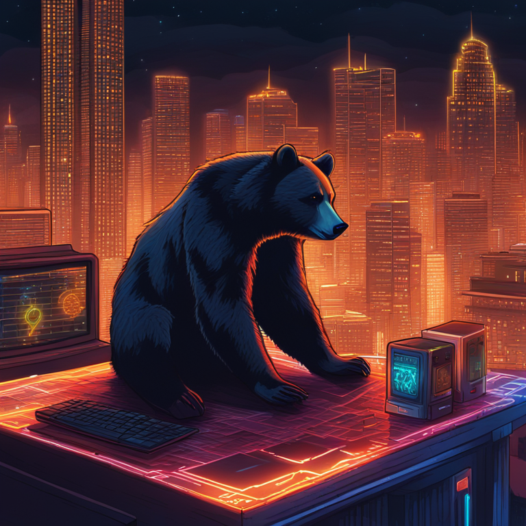 A bear depicted as shadow looming large over a digital cityscape at night, where neon signs glow with crypto symbols and Bitcoin logos, hinting at the market's uncertainty and investor anxieties, art by Alexey Kashpersky, hand-drawn digital illustration, trending on Artstation HQ, rich in atmosphere, encapsulating the mood of a market on edge.