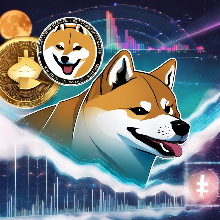 A dynamic digital collage of Dogecoin's fluctuating market status, featuring charts with sharp peaks and valleys against a cosmic backdrop, interspersed with images of the iconic Shiba Inu face, symbolizing the highs and lows in the crypto universe, hand-drawn digital illustration, vibrant and eclectic, trending on Artstation, crafted by imaginative crypto artists, capturing the thrill and uncertainty of investing in meme cryptocurrencies.