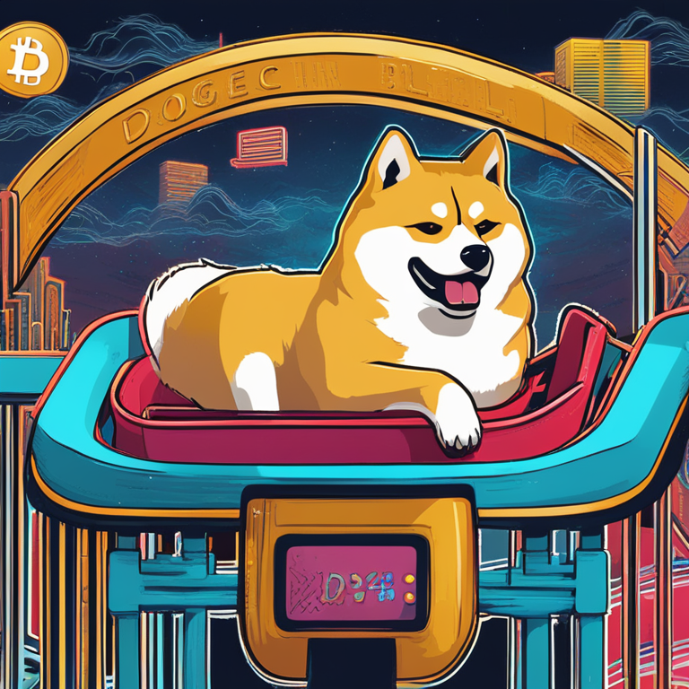 A whimsical digital representation of Dogecoin's struggle in the cryptocurrency market, showcasing a roller coaster ride with highs and lows, symbolizing the price fluctuations of DOGE against the US Dollar backdrop, hand-drawn digital art, vibrant and dynamic, trending on Artstation, crafted by imaginative crypto artists, capturing the essence of economic unpredictability in a playful yet insightful visual narrative.