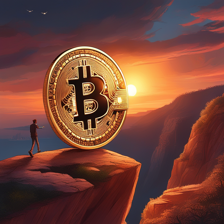 Bitcoin teetering on the edge of a cliff, as sunset hues paint the sky, capturing the essence of potential financial change, digital illustration, trending on Artstation, detailed texture, sharp contrasts, by Kévin Gillest and Marek Okon, high-tension, edge-of-seat atmosphere