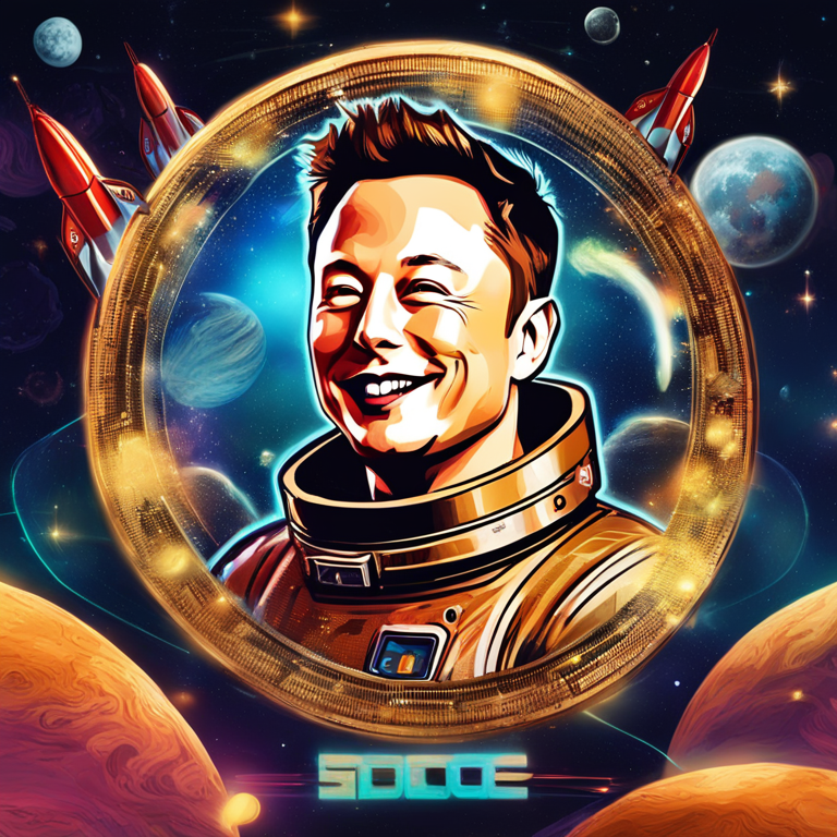 Elon Musk smirking in a space-themed Dogecoin graphic, with rockets and moon imagery surrounding a golden Dogecoin, digital art, reminiscent of classic Monty Python humor mixed with futuristic cryptocurrency excitement, trending on Artstation, crafted by an imaginative digital artist, vibrant colors, engaging composition