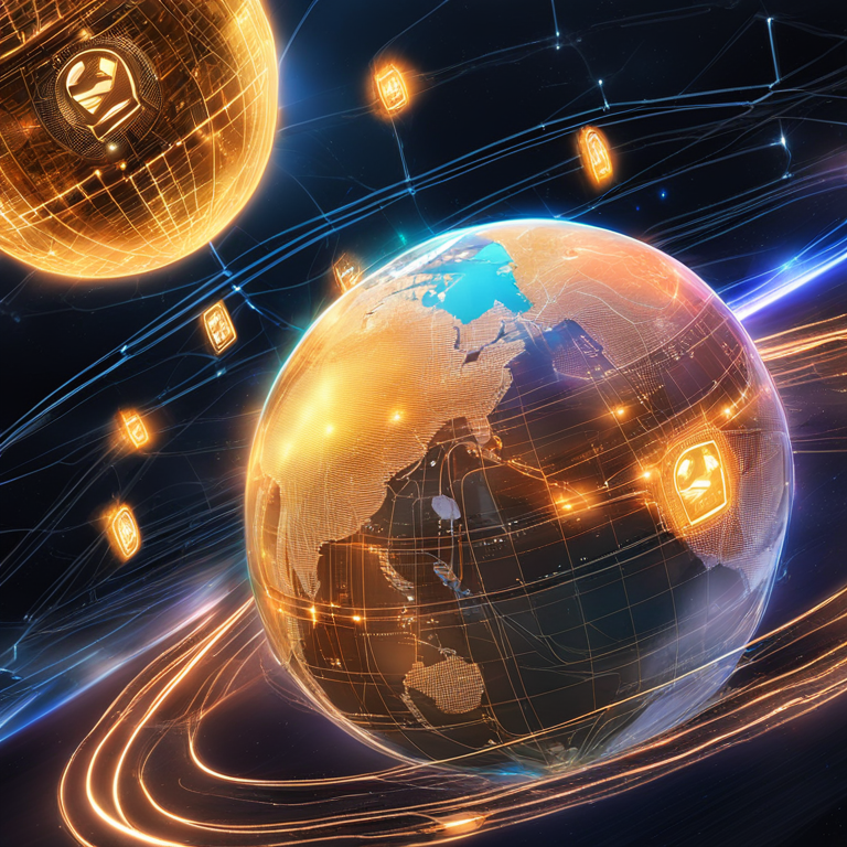 an illuminated, glowing digital globe with various cryptocurrencies orbiting around it like satellites, symbolizing global reach and connectivity, art by visionary digital artists from Artstation HQ, digital art, reflecting a new era of financial literacy, high-resolution, insightful, and engaging visual narrative.