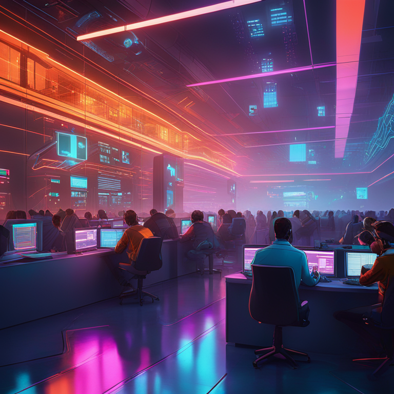 A bustling digital trading floor, with traders engulfed in vibrant neon light emanating from futuristic trading terminals, displaying cryptocurrency trends against USDC, concept art by Alex Andreev and Beeple, a dynamic intertwining of traditional financial vibes with a modern digital art flair, trending on Artstation, immersive 3D atmosphere, high-detailed visual feast for the eyes