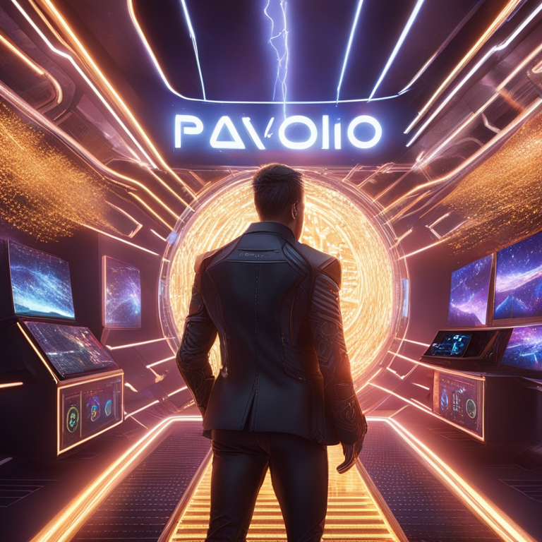 Paolo Ardoino triumphantly unveils a revolutionary tokenization platform, a spectacle of cutting-edge digital innovation with vibrant, futuristic visuals, showcasing tokens amidst a galaxy of digital assets, designed in a style evoking the best of Artstation HQ digital art, captivating the viewer with its detailed, high-resolution depiction of cryptocurrency's boundless possibilities