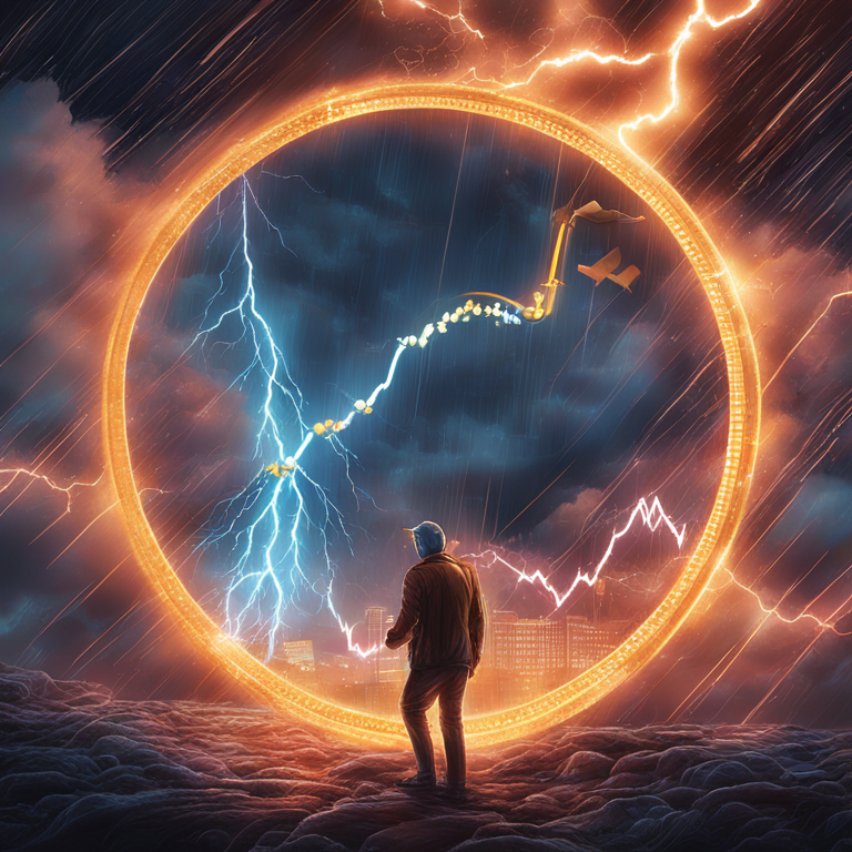 A vivid digital artwork depicting Bitcoin's flirtation with the $60,000 threshold, featuring dynamic, glowing BTC symbols on a backdrop of a volatile market storm, a blend of AI and human creativity, high-resolution masterpiece, echoing emotions of hope and uncertainty, trending on Artstation, digital art.