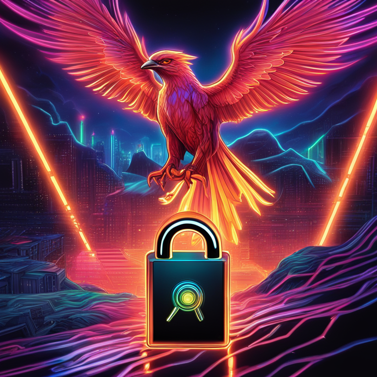 A digital avatar of Elon Musk wielding a glowing digital padlock against a backdrop of Twitter evolving into X, symbolized by a phoenix, art by Alex Grey and Android Jones, digital illustration, vibrant neon colors against a dark futuristic landscape, popular on Artstation, exuding high-tech, visionary art vibes.