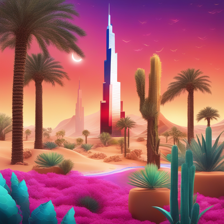 an elegant visualization of digital growth, showcasing a desert transforming into a vibrant oasis, with digital currency icons blossoming like flowers among traditional UAE landmarks, a symbol of financial revolution and prosperity, hand-drawn digital illustration, rich in vivid colors, trending on Artstation HQ