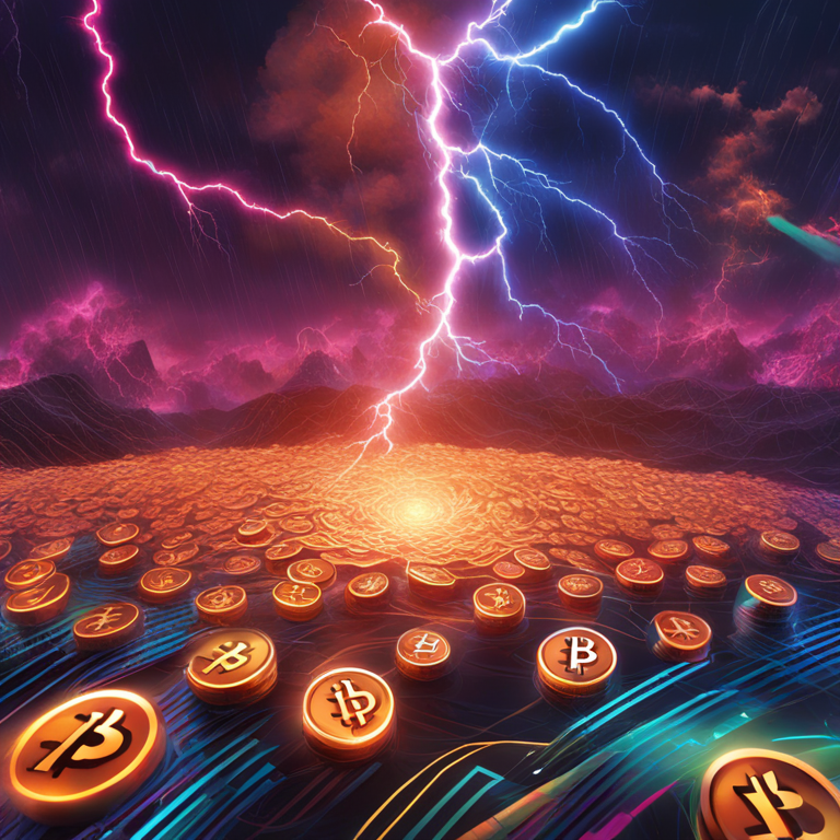 A vibrant digital art piece capturing the volatile crypto market, featuring Bitcoin tokens caught in a storm, with lightning bolts representing market fluctuations. The illustration merges the art styles of Alex Grey and Beeple, portraying chaos and beauty with electric colors against a dark backdrop, trending on Artstation.