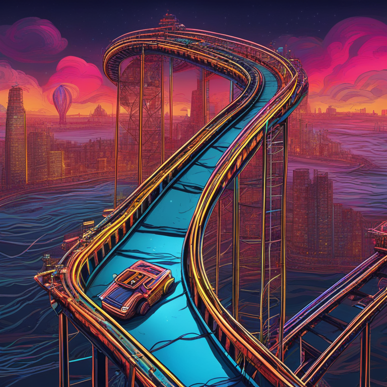 A captivating visual of Bitcoin's price on a thrilling nosedive, symbolized by a futuristic rollercoaster among digital clouds, hand-drawn digital illustration, vibrant with neon colors, detailed suspense in every curve, Artstation HQ, trending in digital art, a masterpiece reflecting the volatile cryptocurrency market