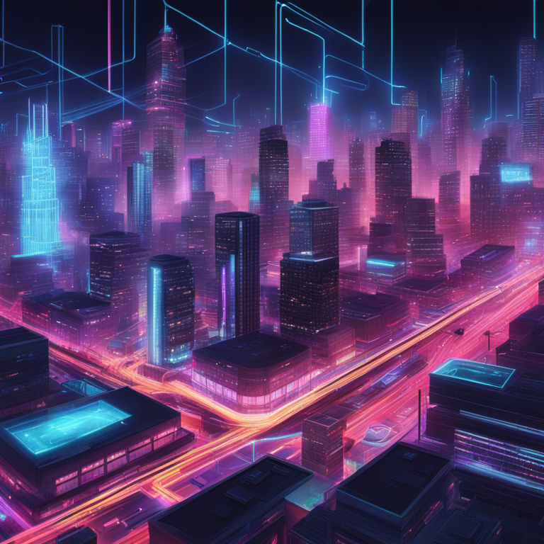 A vibrant depiction of a bustling digital network, turning chaos into harmony, featuring neon-lit data streams seamlessly flowing through a futuristic cityscape, capturing the essence of rapid technological advancements and blockchain efficiency, hand-drawn digital illustration, trending on Artstation, inspired by the imaginative works of Beeple and Khyzyl Saleem.