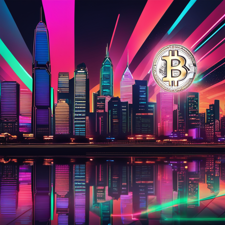 The iconic skyline of Hong Kong illuminated in neon colors at night, with a majestic Bitcoin symbol lighting up the sky, signifying the city's pioneering move into spot Bitcoin ETFs, hand-drawn digital illustration, trending on Artstation, encapsulates the fusion of finance and futuristic technology aesthetics.