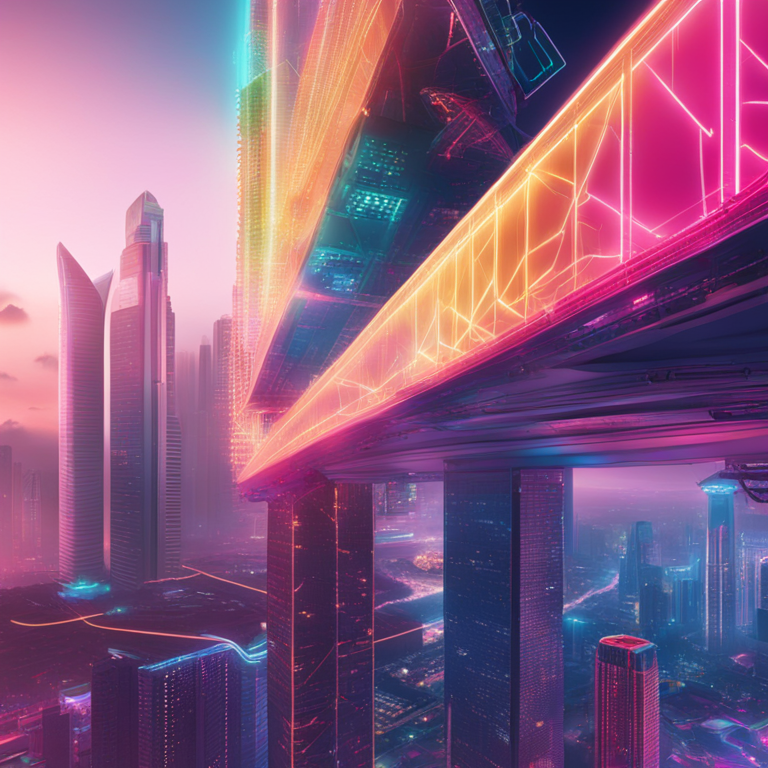 futuristic finance melding with blockchain, a vibrant and dynamic digital art composition featuring Singapore's iconic skyline, inspired by the visual storytelling of Beeple and Khyzyl Saleem, trending on Artstation with vivid colors and a sense of revolution in the air, digital finance meets traditional scenic beauty