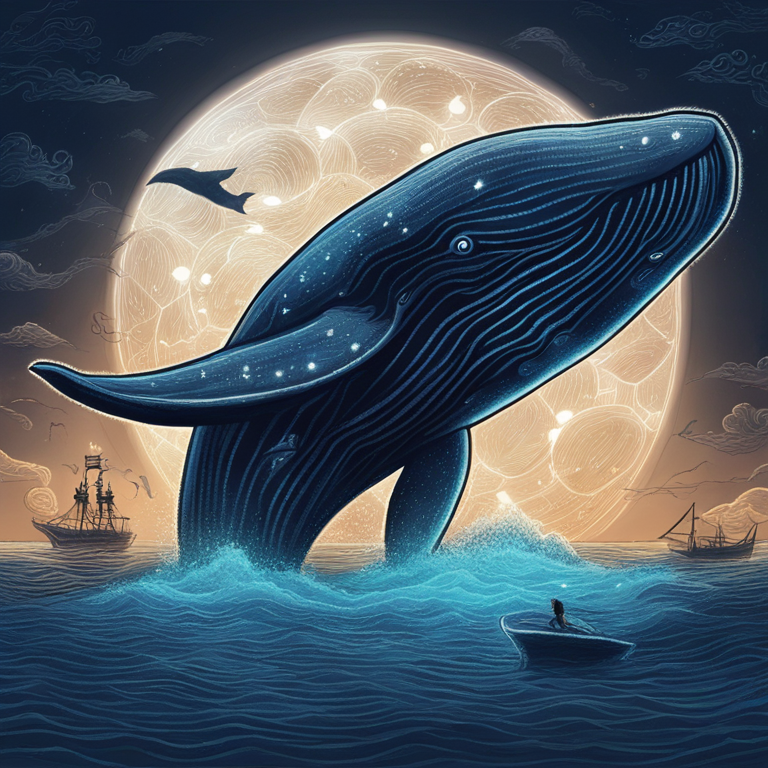 A visual metaphor for the influence of Bitcoin Whales on the market: an immense whale made of digital currency symbols gently stirs deep ocean waters, causing ripples that reach far shores under a moonlit sky, symbolizing the reach and impact of their decisions on the global cryptocurrency ecosystem, hand-drawn digital illustration, Artstation HQ, digital art