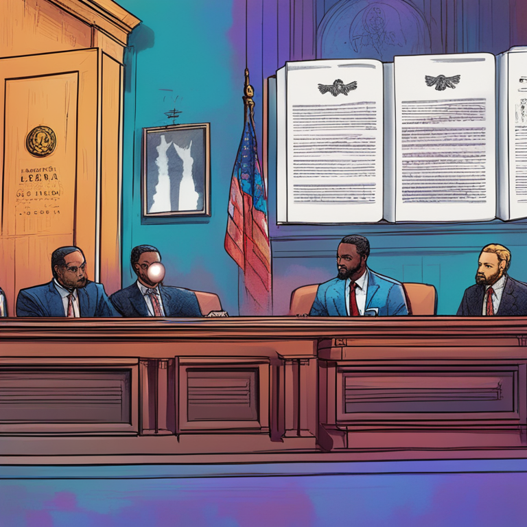 The courtroom drama of Ripple vs. SEC, captured in an artistic tableau, featuring symbolic scales of justice weighed down by XRP tokens against a backdrop of court documents, digital art by legal aficionados, hand-drawn illustration, trending on Artstation, encapsulating the legal battle’s significance in vibrant, compelling colors.