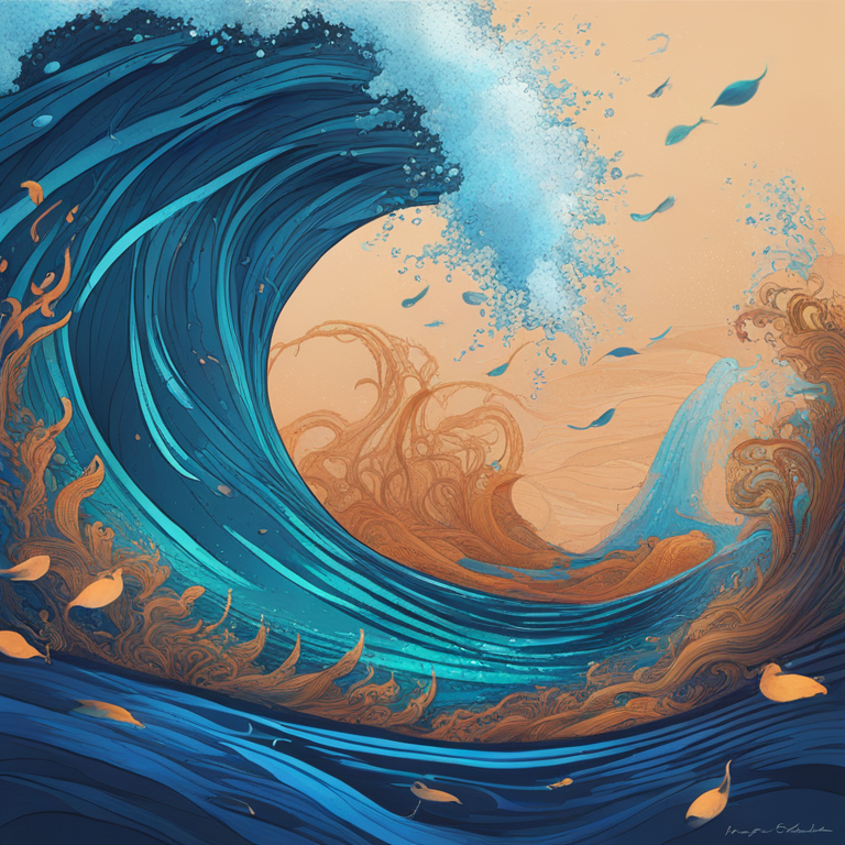 A highly stylized digital art piece showcasing dynamic waves in the crypto ocean, caused by the metaphorical dive of XRP whales, signifying their influence on market tides, hand-drawn digital illustration, Artstation HQ, digital art, filled with deep blues and vibrant teals, encapsulating the fluidity and unpredictability of cryptocurrency markets.