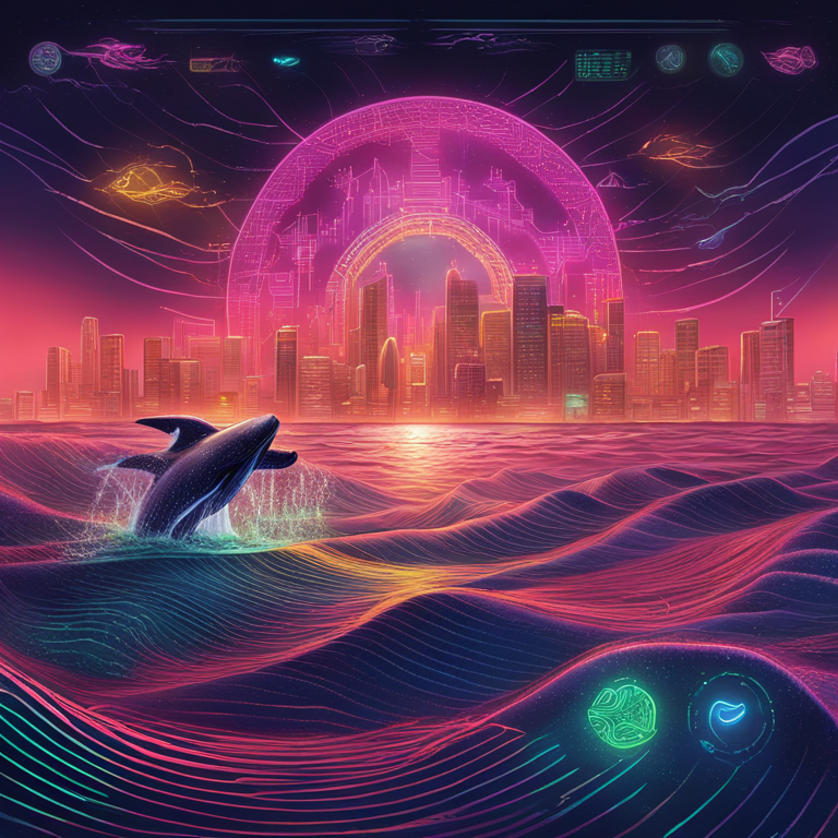 An imaginative visualization of future cryptocurrency markets influenced by whale movements, showcasing a digital ocean where token ships navigate through waves of change, hand-drawn digital illustration, Artstation HQ, digital art, capturing the essence of market unpredictability and the strategic plays of major holders, in a palette of futuristic neon against the dark abyss of uncertainty.