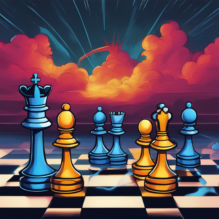 An imposing chessboard under the stormy skies, with XRP tokens as chess pieces, symbolizing strategic moves by cryptocurrency whales before SEC decisions, art by digital masters of intrigue, hand-drawn illustration, trending on Artstation, capturing tension and strategy, enveloped in vibrant, electric colors.