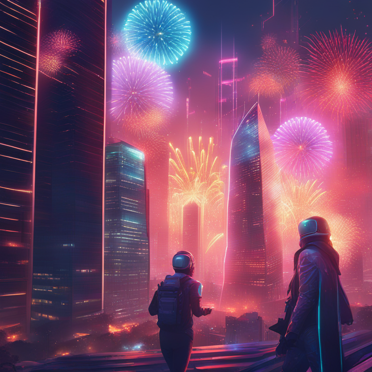 A lavish victory celebration for USDC with digital fireworks in a futuristic cityscape, featuring glowing coins rocketing past skyscrapers, art by Beeple Cruse and Khyzyl Saleem, hand-drawn digital illustration, trending on Artstation, neon-lit, high-energy, victory dance in the crypto universe