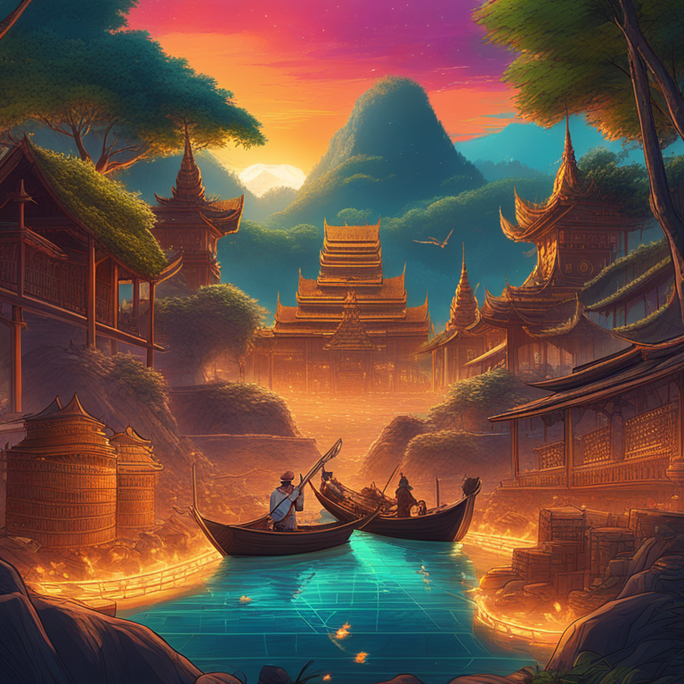 an electrifying digital tableau depicting the high energy stakes of global crypto mining, juxtaposed against the serene backdrop of traditional Thai landscapes, symbolizing the clash between modernity and heritage, art by Artstation HQ, hand-drawn digital illustration, vibrant colors blending tradition and technological pursuit, trending on Artstation, captivating narrative visual