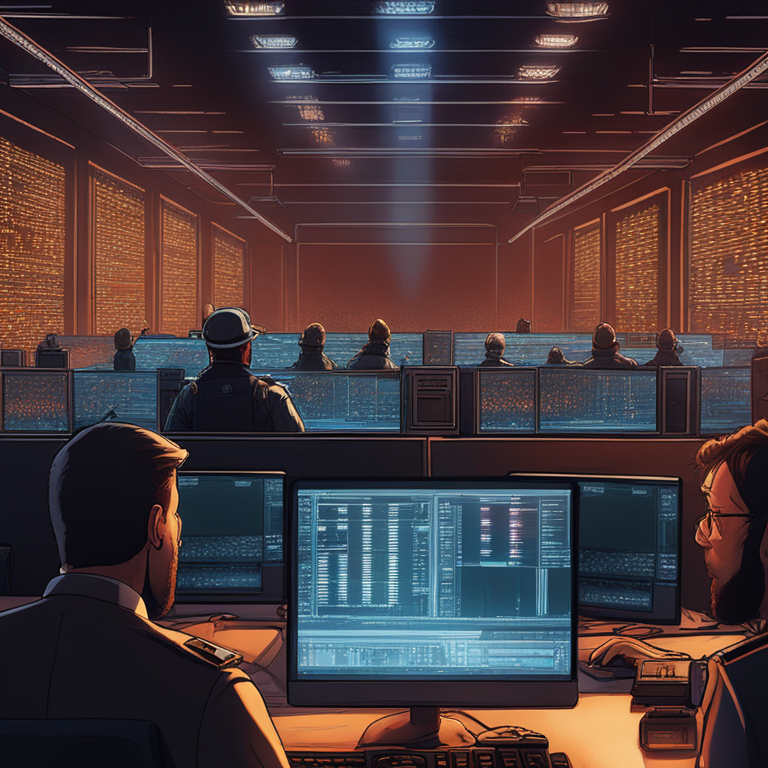 a dramatic portrayal of the moment of discovery, contrasting the dim glow of crypto mining rigs against the flash of police lights, capturing the tension and urgency, an intricate mix of anticipation and revelation, art by top digital artists, cinematic still, high contrast, vivid storytelling through visuals, encapsulating the essence of the crackdown, trending in law enforcement and tech crime stories