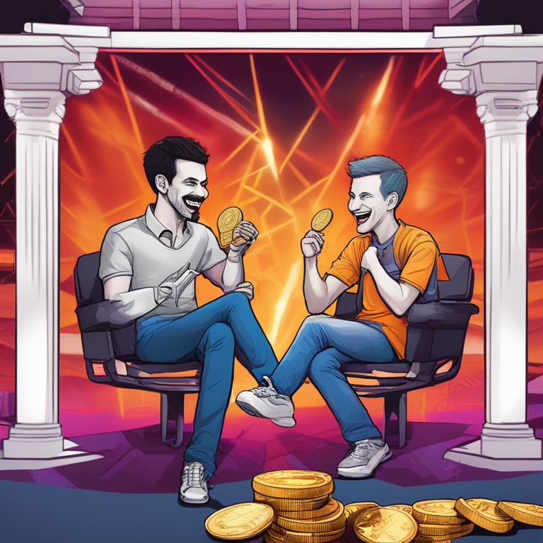 Digital caricature capturing a lighthearted banter between Solana's Raj Gokal and Ethereum's Vitalik Buterin set against a dynamic backdrop of rising meme coins, encapsulating the spirited debate within the crypto world, art reflecting the fusion of humor and rivalry in the blockchain sphere, trending digital masterpiece on Artstation, crafted by top-tier digital artists, vivid colors and engaging composition