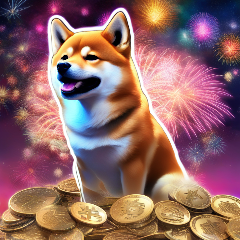 A digital collage showcasing Shiba Inu coins amidst a cosmic fireworks display of price spikes and joyful community celebrations, highlighting the blend of optimism and speculative excitement surrounding the meme coin's potential in May, art by visionary digital artists, animation-ready, trending on Artstation, evocative of a crypto-fueled jubilee, high-definition vivid visuals