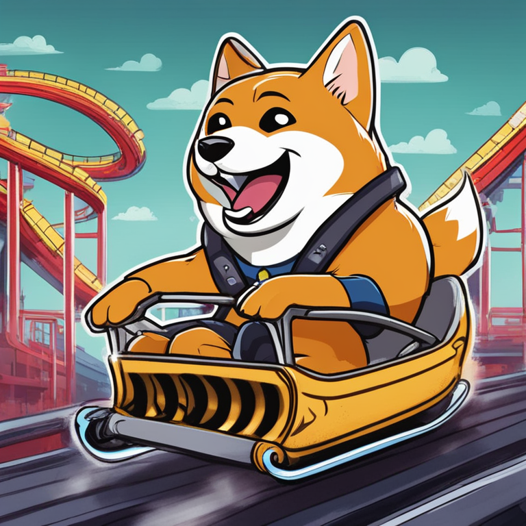 Shiba Inu coin depicted as a cartoon character on a roller coaster, expressing humor and volatility in the crypto market, hand-drawn digital illustration, trending on Artstation, capturing the essence of financial ups and downs with a playful twist.