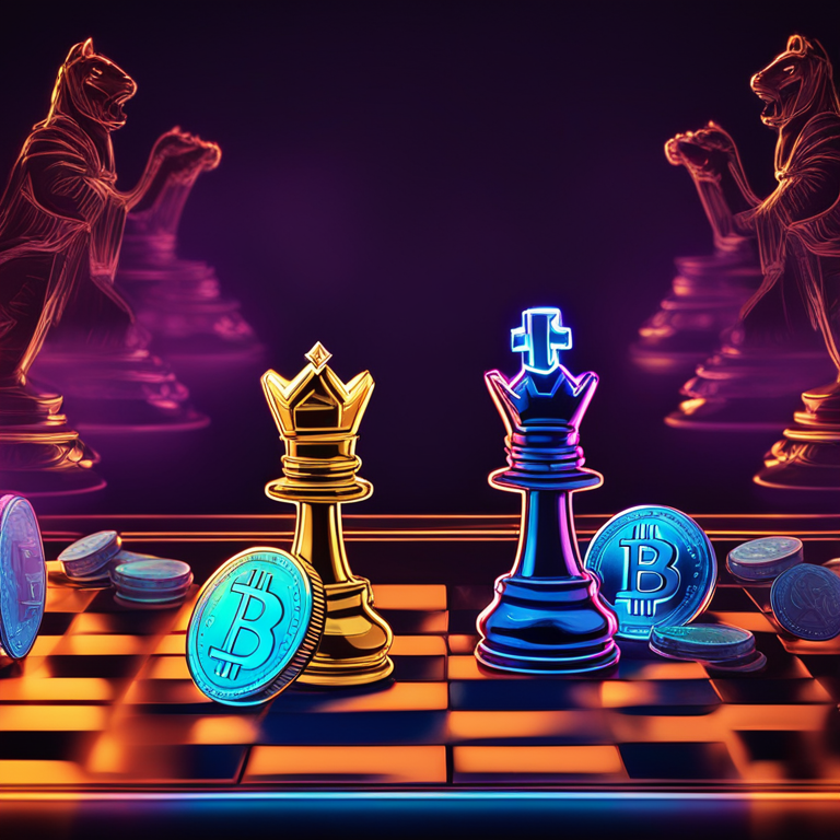 Dynamic digital art showing Ethereum and Bitcoin as animated chess pieces on a glowing, neon-lit board, symbolizing the strategic battle for supremacy in the cryptocurrency market, art by renowned digital artists, trending on Artstation, high-resolution, immersive visual metaphor, engaging, with vibrant colors enhancing the fierce competitive spirit between two leading cryptocurrencies, hand-drawn digital illustration, Artstation HQ.