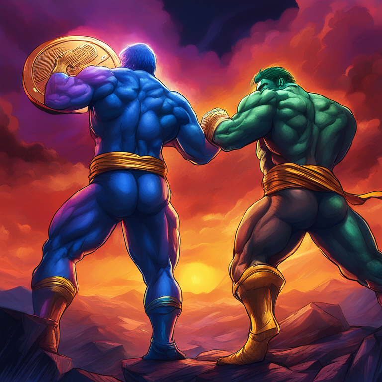 An artistic depiction of Ethereum and Bitcoin as colossal titans locked in an eternal duel under a stormy sky, a metaphor for their ongoing battle for dominance in the crypto market, rendered in vivid colors and dramatic lighting, capturing the intensity and scale of their rivalry, hand-drawn digital illustration, Artstation HQ, trending visual.