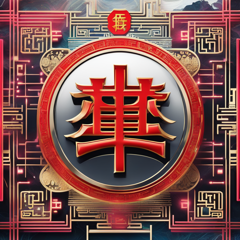 A digital art fusion of traditional Chinese elements and futuristic financial cryptography, symbolizing the digital yuan's bold stride into modern finance, art by digital visionaries, trending on Artstation, detailed textures, dynamic colors, high-resolution, digital illustration