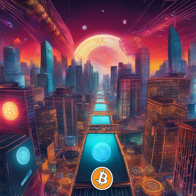 Bitcoin eclipsing traditional currencies in a futuristic digital world transition, visual metaphor, hand-drawn digital art in vivid colors, cyberpunk cityscape background with floating digital coins, visualized by top artists of Artstation, trending in digital finance art circles