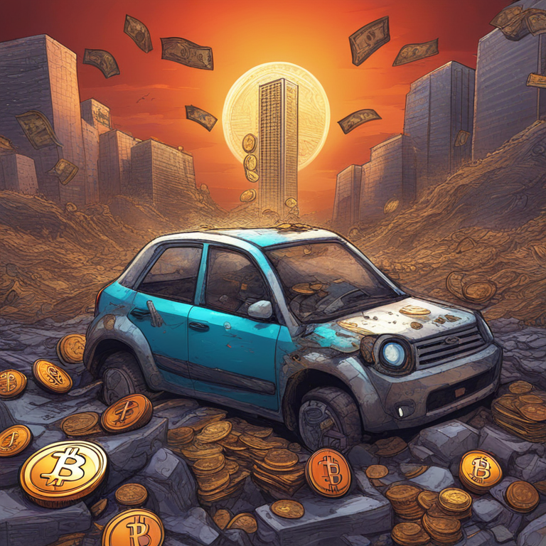 A riveting visual metaphor capturing the essence of Bitcoin's challenge to traditional finance, featuring a gleaming digital coin standing tall amidst crumbling fiat currency ruins, hand-drawn digital illustration, trending on Artstation, charged with vibrant colors and emotion, a testament to Artstation's top artists, symbolizing the turbulent yet transformative era of digital finance.