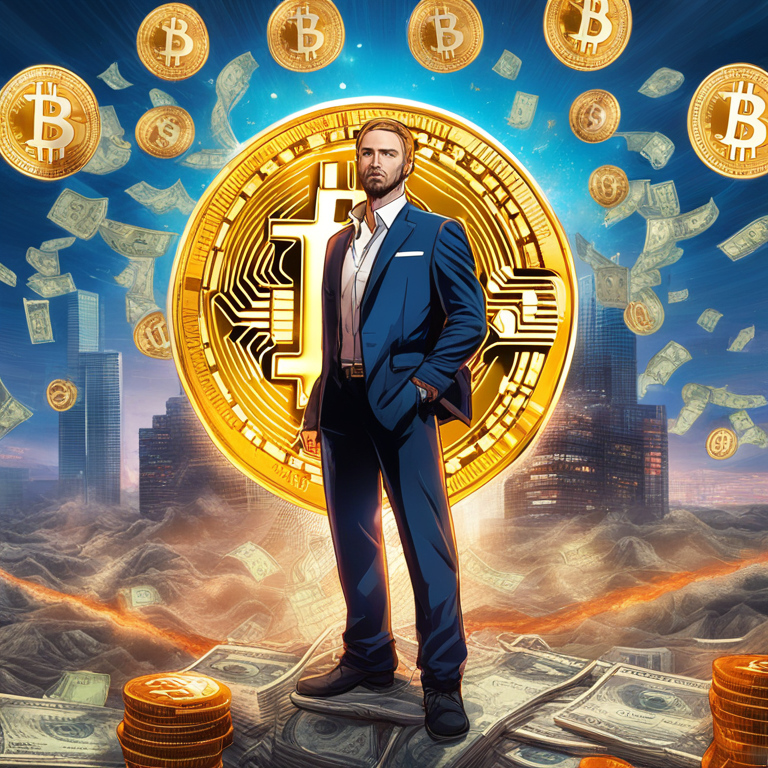 Andrew Tate standing confidently with a backdrop of crashing US dollar symbols and soaring Bitcoin logos, embodying a revolutionary shift in finance, rendered in a style akin to a vibrant, dynamic, and provocative magazine cover, art by renowned digital illustrators specializing in futuristic finance visuals, digital illustration, trendsetting on Artstation HQ.