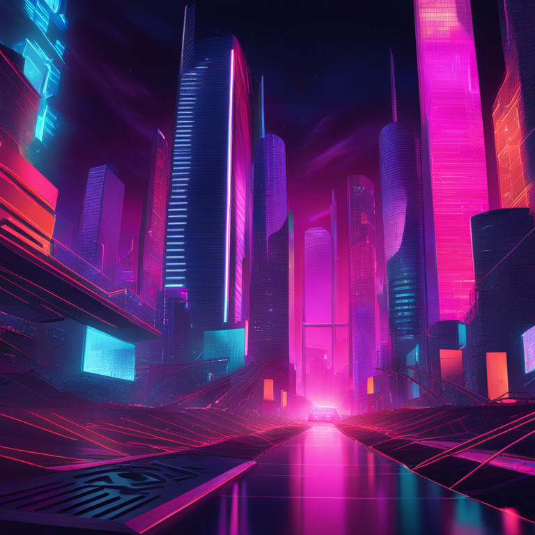 bold, dynamic digital art piece showcasing a futuristic city powered by blockchain technology, with vivid, neon colors against a dark sky, illustrating the concept of Internet Computer and the revolution in decentralized networks, digital illustration, Artstation trendsetter