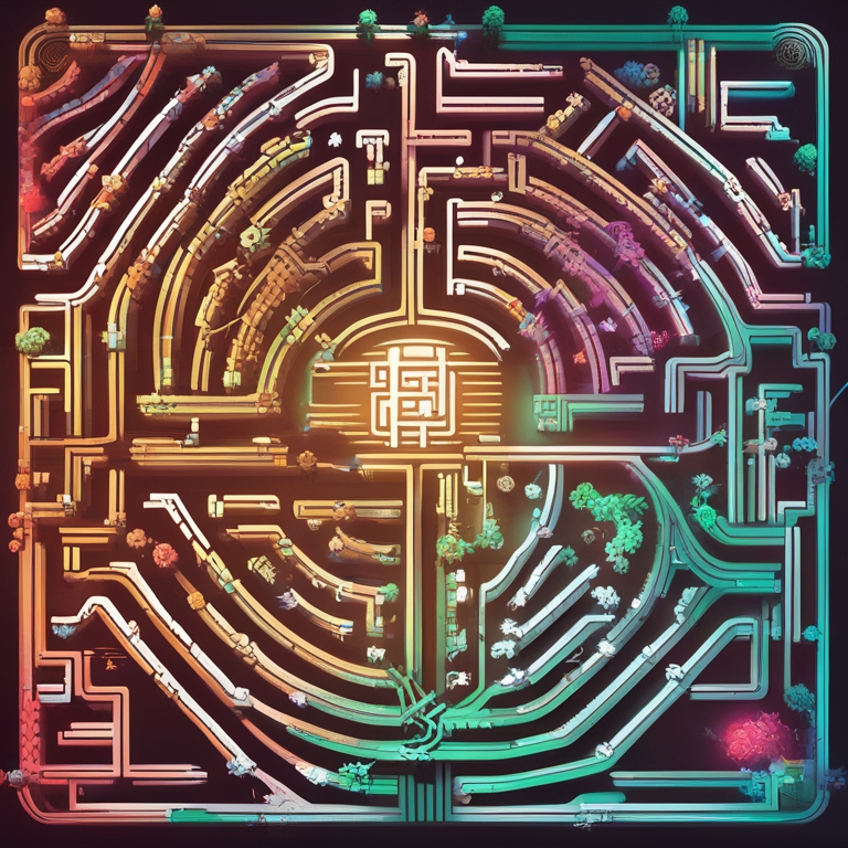 Intricate digital maze illustrating the complex path of navigating cryptocurrency markets post-halving, featuring symbolic representations of FUD and bullish trends within a vibrant, digital landscape, art by top talents from Artstation, encapsulating the essence of high-tech turmoil and opportunity, hand-drawn digital illustration.