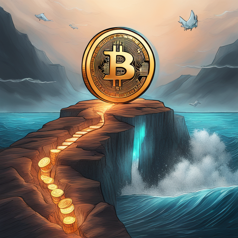 Dynamic visualization of Bitcoin's volatile journey through highs and lows, encapsulated by a digital art piece featuring Bitcoin symbol teetering on the edge of a cliff over a tumultuous ocean, symbolizing potential market shifts, created by top artists in the digital finance art scene, trending on Artstation, hand-drawn digital illustration, Artstation HQ, digital art.