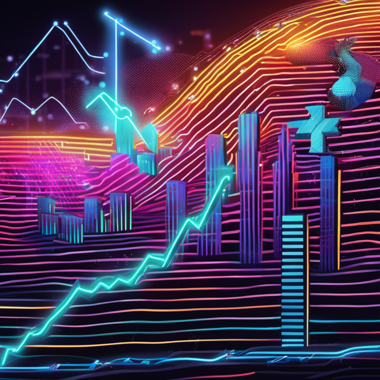 Digital art depiction of Ripple's XRP price trajectory, showcasing a graph line soaring skyward amidst a backdrop of abstract neon financial symbols, a hand-drawn digital illustration rich in dynamic movement and futuristic vibes, art by top Artstation creators, encapsulating the bullish market trend and optimistic investor sentiment, a visual metaphor for XRP's rally, trending in cryptocurrency art circles.