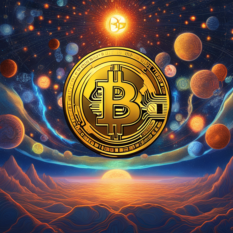 Vivid animation of Bitcoin and altcoins as celestial bodies in space, illuminating the financial universe with a surge in value, art by Alex Grey and James Jean, digital art, trending on Artstation, showcasing the dynamic and colorful essence of cryptocurrency market growth, high-definition, with captivating details, a digital currency celebration in the vast cosmos.