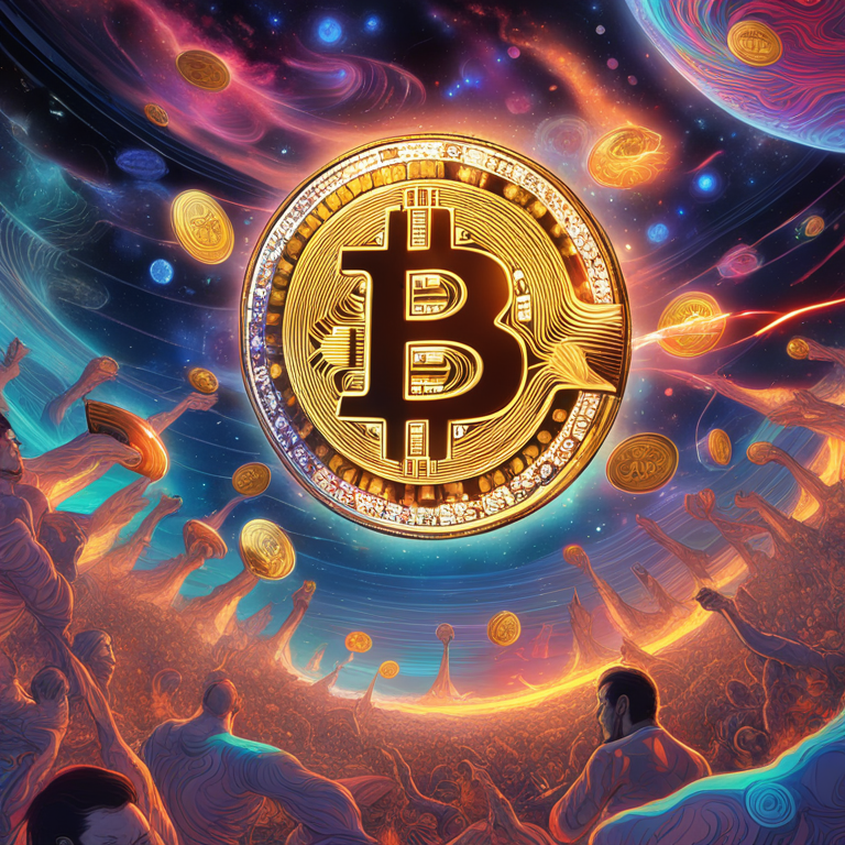 Energetic digital artwork depicting the surge in Bitcoin and altcoins against a cosmic backdrop, embodying market vitality, by artists akin to Alex Grey and James Jean, hand-drawn digital illustration, Artstation HQ, digital art, vibrant colors blending into the vast financial universe.