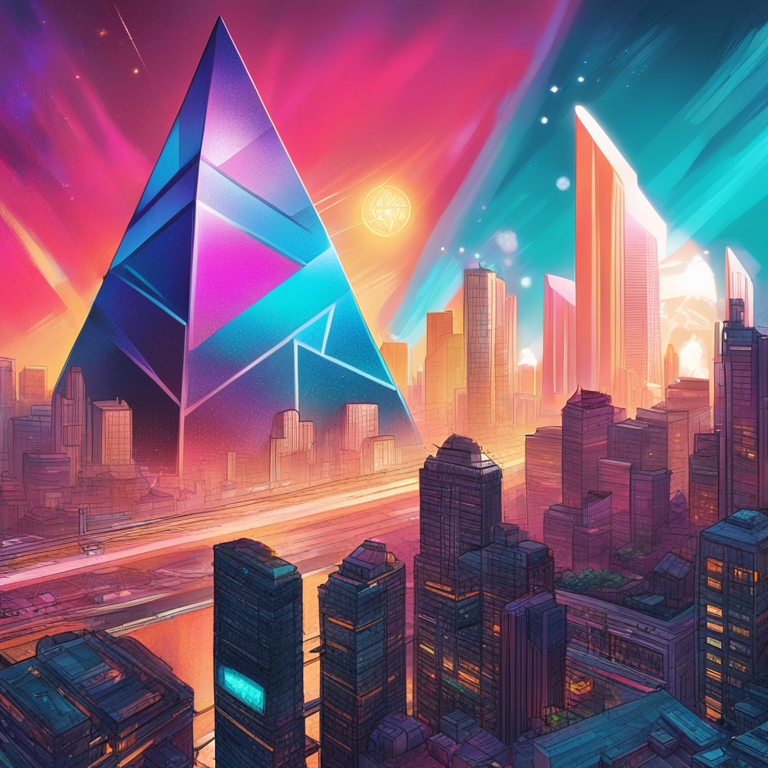 Ethereum's potential breakthrough moment captured in a vibrant digital art piece, showcasing the altcoin towering over a futuristic cityscape, highlighting its dominance and innovative essence, art by Satoshi Yamamoto and Lisa Rovner, hand-drawn digital illustration, trending on Artstation HQ, detailed composition with dynamic lighting and bold color palette