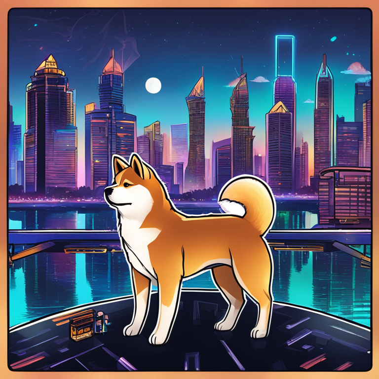 A vivid hand-drawn digital illustration capturing an electrifying moment from the TOKEN2049 conference in Dubai, featuring the Shiba Inu token emblem illuminated against a backdrop of the city's iconic skyline, teeming with crypto enthusiasts and innovation, artistry echoing the vibes of Artstation HQ, trending in digital art circles.