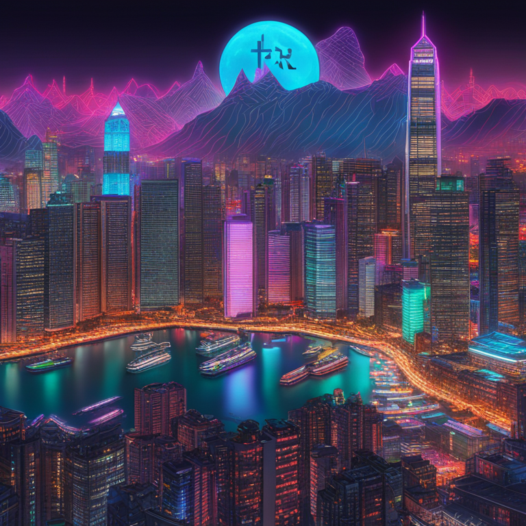 A vibrant digital canvas showcasing Yong Rong HK Asset Management eclipse as the dominant force in BlackRock's iShares Bitcoin ETF world, encapsulated through a neon-infused, hand-drawn digital illustration of the bustling Hong Kong skyline, with embedded cryptocurrency symbols and futuristic financial charts, art trending on Artstation HQ, envisioned by top digital artists specializing in crypto and urban futurism, digital art.