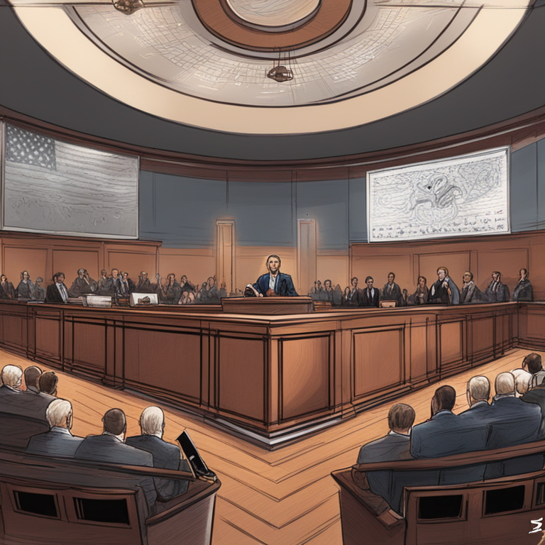 a detailed courtroom sketch capturing the intense atmosphere as Ripple lawyers present their case against the SEC, with a backdrop of digital currency symbols representing the broader impact of this trial on the cryptocurrency industry, hand-drawn digital illustration, Artstation HQ, digital art