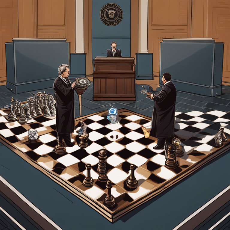 a dramatic courtroom scene with Ripple and SEC logos entwined in a tense dance over a chessboard representing the legal battle, capturing the complex strategies and high stakes involved, digital art, Artstation HQ, depicted in a style that combines realism with metaphorical elements, symbolizing the broader implications on the cryptocurrency regulatory landscape